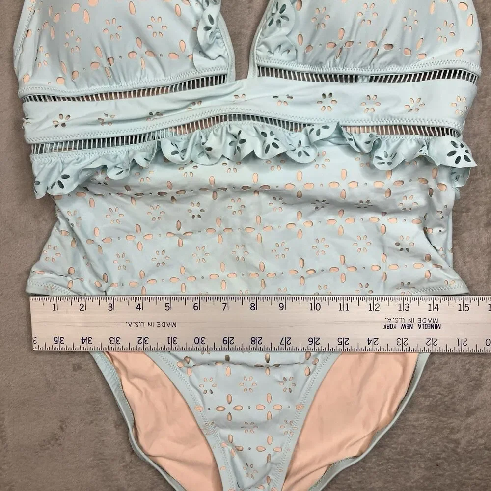 J Crew Eyelet Swimsuit Womens 14 Blue One Piece Ruffle Plunge Scalloped K9136